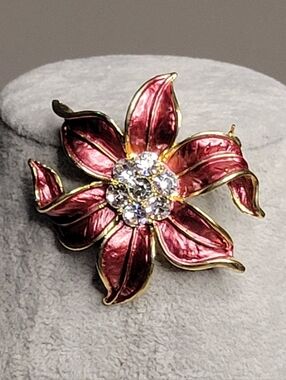 Vintage Magenta Enamel & Gold-Tone Floral Brooch with Crystal Center